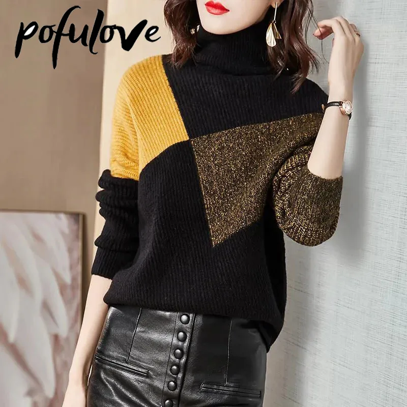 

Свитер женский с высоким воротником, вязаный Свободный Топ контрастных цветов с рукавом летучая мышь, трендовый свитер на осень и зиму