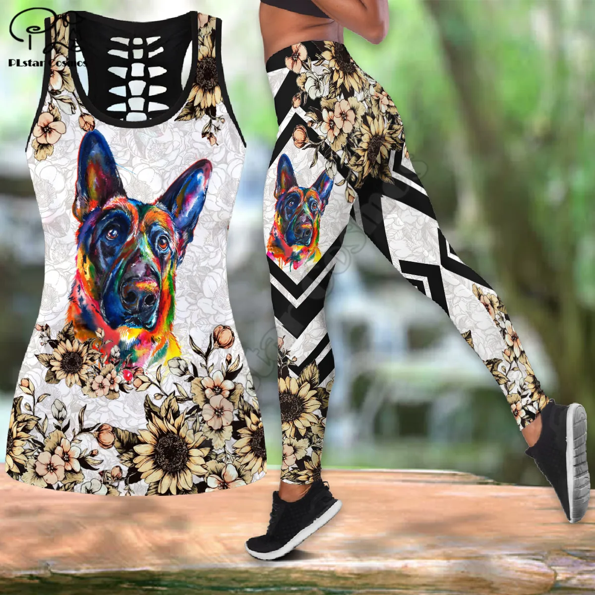 

PLstar Cosmos Women's for girl Workout Pants Sunflower dog 3D Printed Hollow Tanktop Vest Yoga Tank Tops Fitness Soft Legging