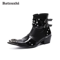 batzuzhi rivets ankle leather boots men punk western cowboy men boots pointed metal tip botas militares motorcycle big size 46
