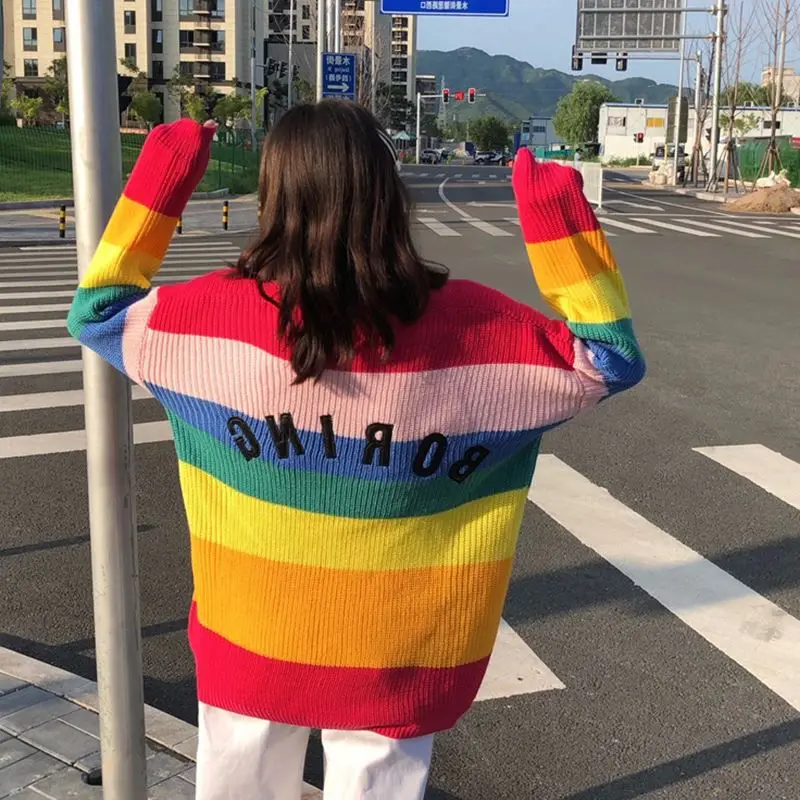 

Sweater Women Colorful Rainbow Striped V-Neck Pullover Sweater Single Breasted Cardigan Letter Print Sweater Sweet Fashion 2019