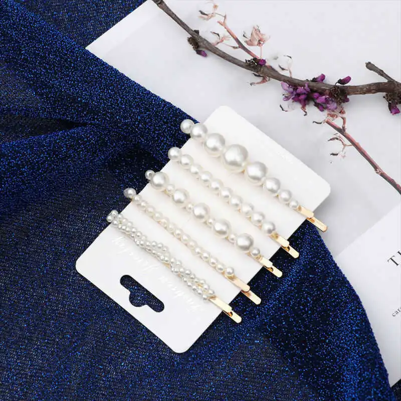 

Fashion New Women Pearl Hair Fashion 5Pcs Clip Accessories Snap Stick Hairpin Barrette