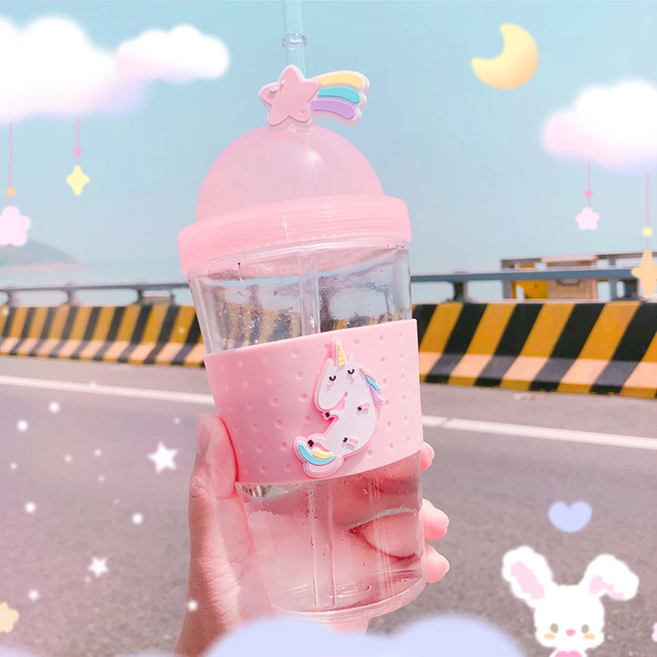 Boxi Kpop Kawaii стеклянная бутылка для воды для девочек, мультяшная Милая бутылка для воды для детей и взрослых, чашка для воды с крышкой и соломенными ручными чашками