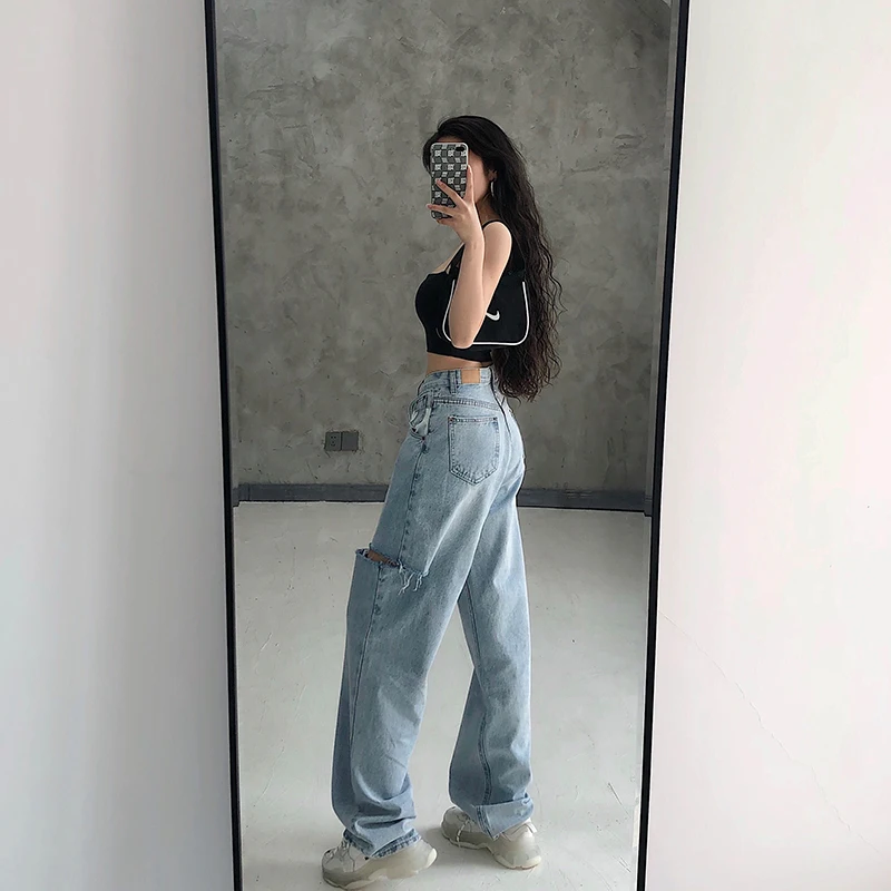 Европейские рваные свободные узкие брюки с широкими штанинами прямые