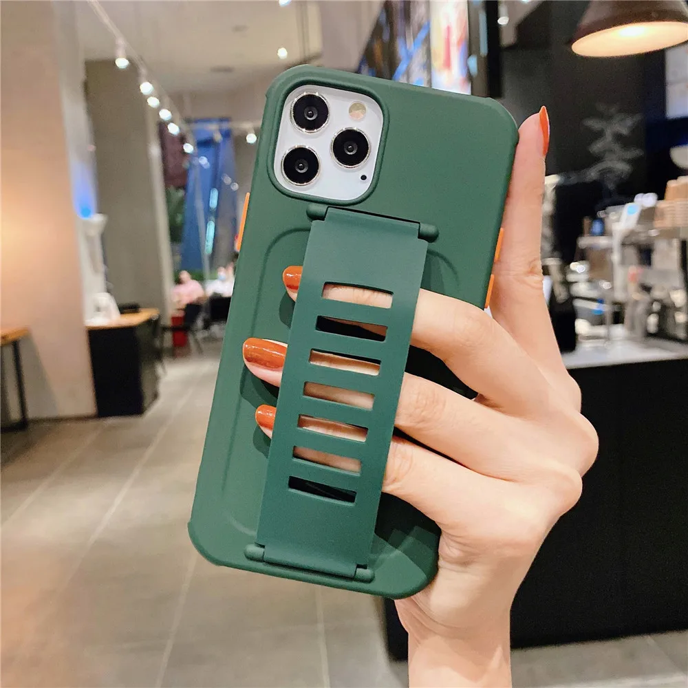 

Fall-Anti Shockproof Phone Cases For iPhone 12 11Pro X XR XSMax 8 7 Candy Color Silicone Soft Wrist Strap Protection Back Cover