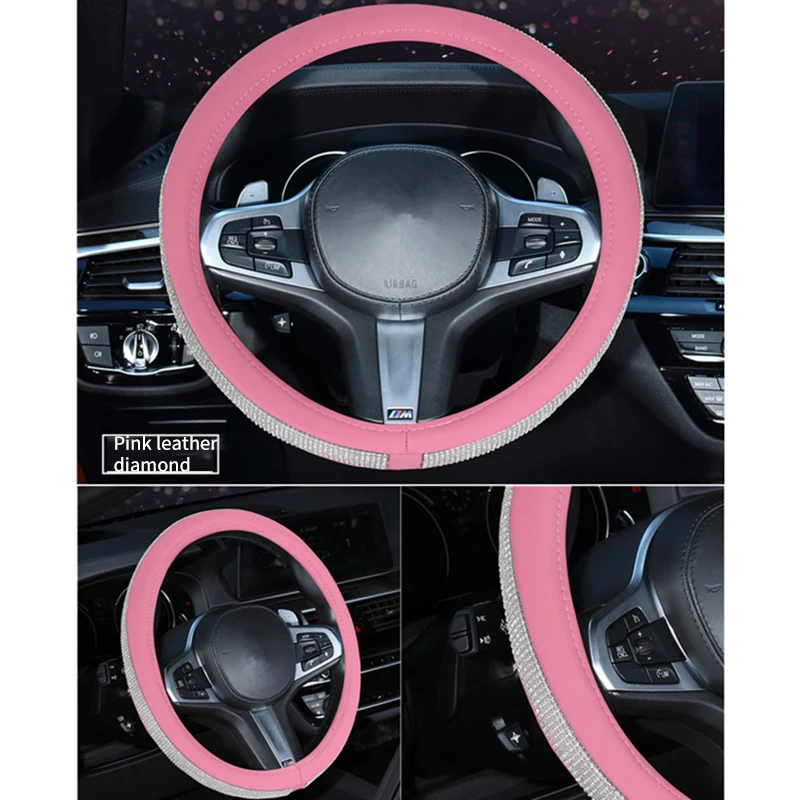 pink sliver diamond Универсальные роскошные кристаллы алмаза крышка рулевого колеса автомобиля с украшение из искусственной кожи Bling Rhinestone покрытые крышки рулевого колеса - Название цвета: pink sliver diamond