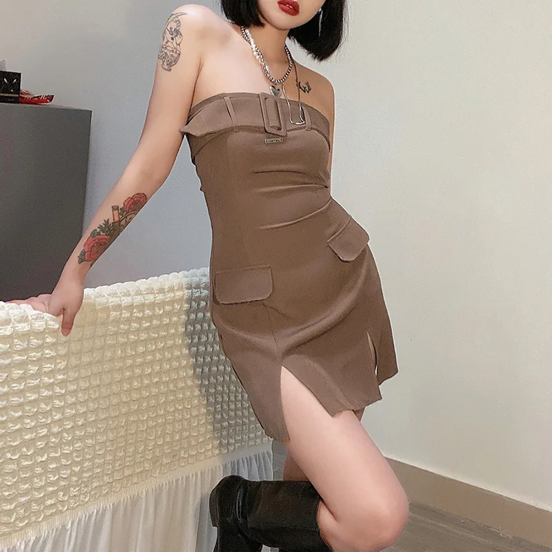 

Dresses Tube Top Dress Off-Shoulder Women Elegant Split Fork High Waist Fashion Vestidos Female Streetwear Sexy 2021