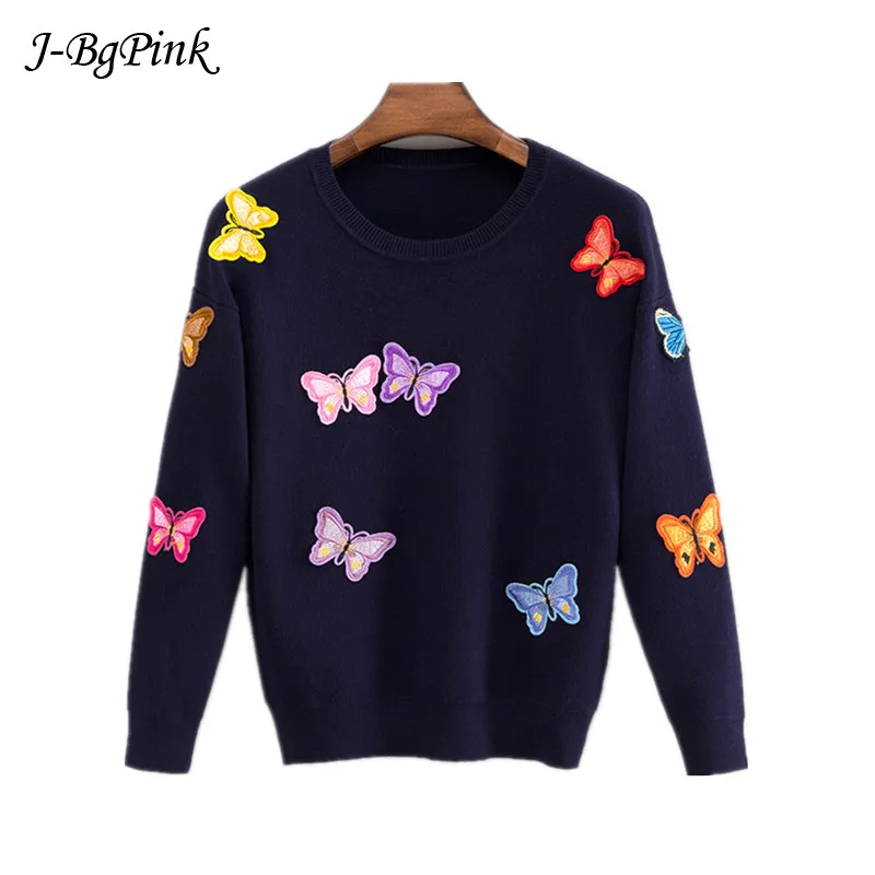 Korean Women Knitted Embroidered Pullover Sweater Women's Butterfly Flower Sweater Femme Tricot Pull Autumn sweater fem