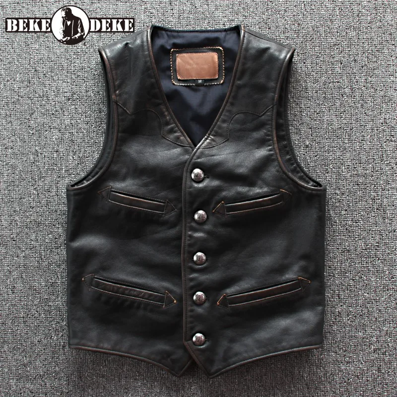 Мужской однобортный жилет из натуральной кожи на пуговицах размеры до 6XL|Мужские