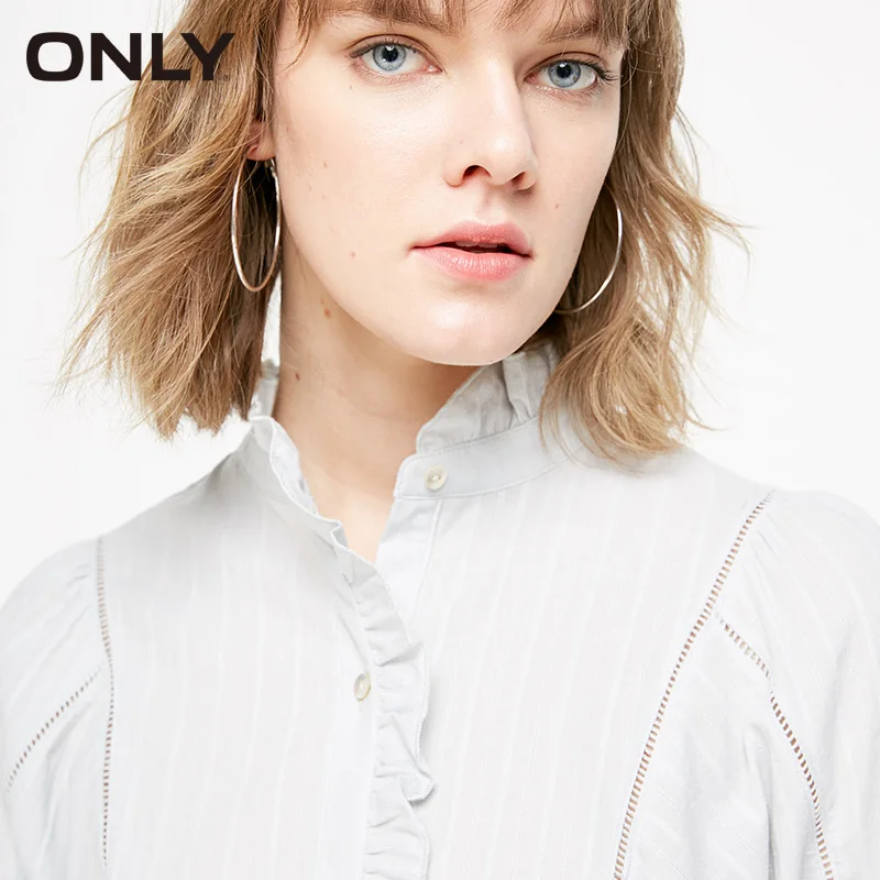 ONLY spring Women's Loose Fit 100% Cotton Ruffled Long-sleeved Shirt | 119105506