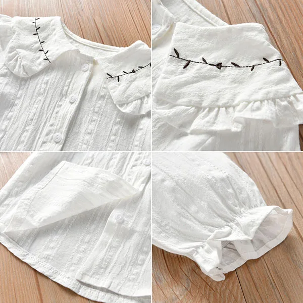 Белая блузка с длинным рукавом и кукольным воротником для девочек|Блузки