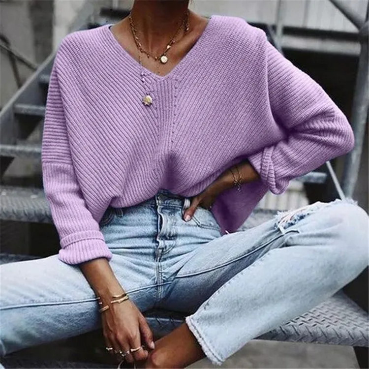 

2021 Autumn Winter Long Sleeve V-neck Knitted Solid Sweaters Women Harajuku Basic Sweater Women Casual Loose Pullovers Female