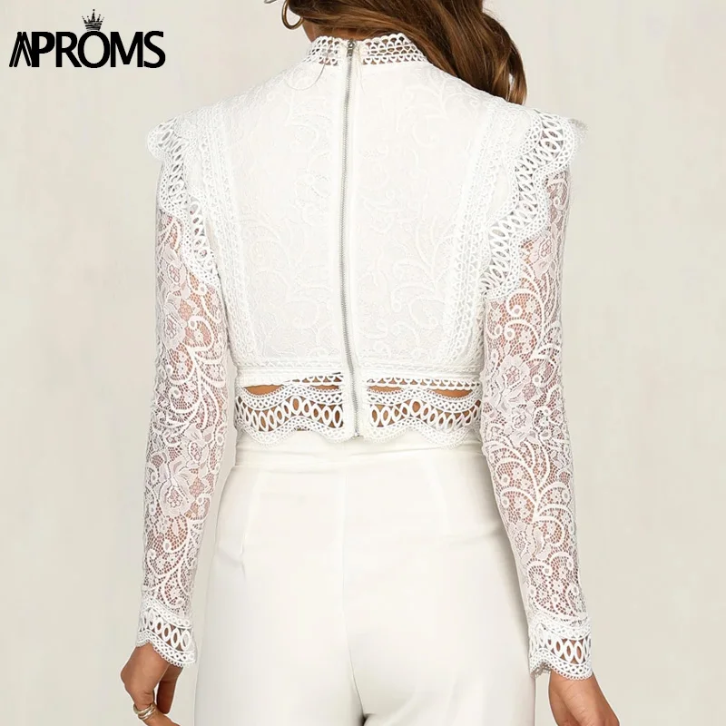 Aproms, винтажная женская футболка с кружевной отделкой, с вышивкой, элегантная, высокая горловина, длинный рукав, укороченный топ, женские вечерние футболки, открытая футболка