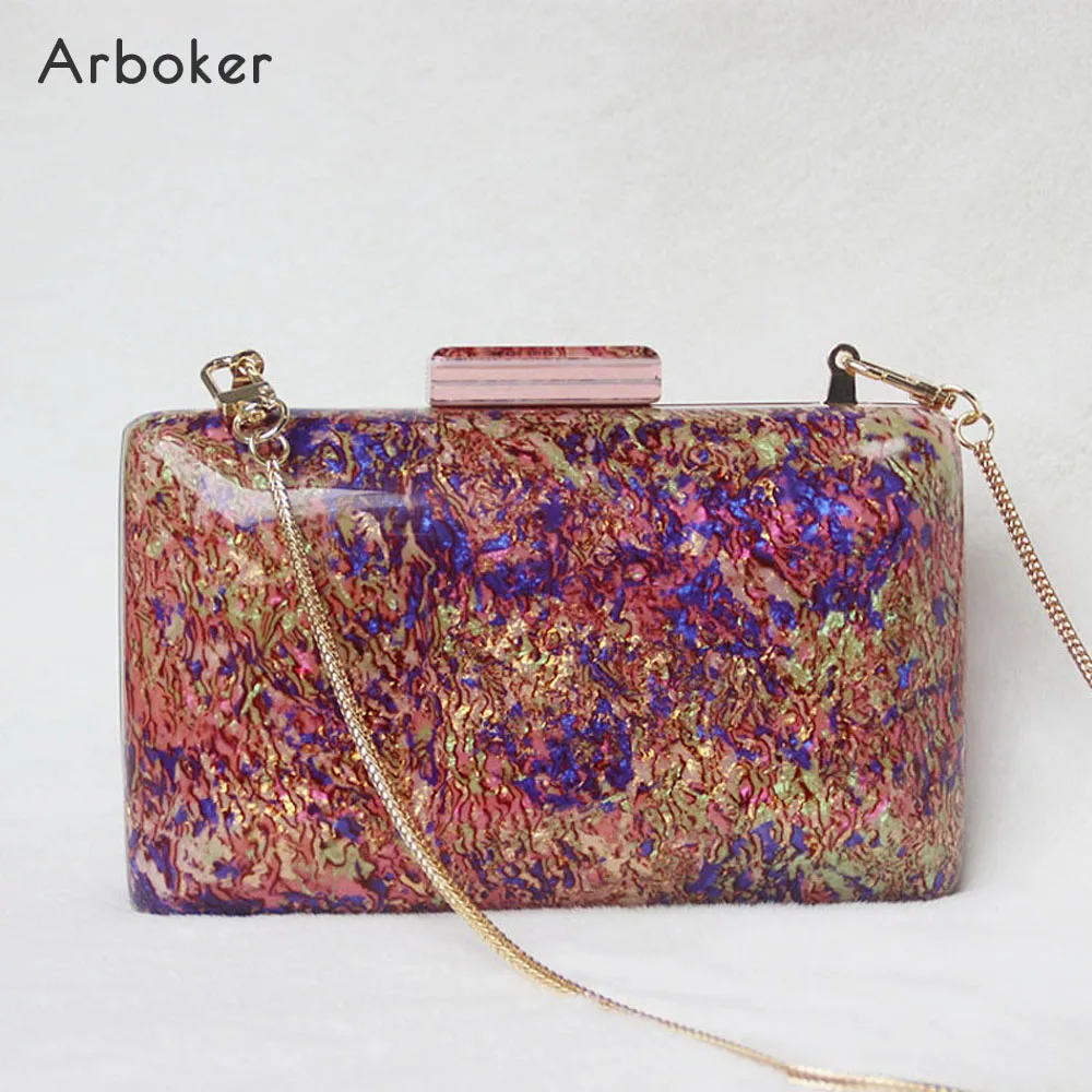 Acrylic Evening Bag Women Hard Stone Pattern Hand Bags Luxury Retro Chain Shoulder Bag Party Day Clutch Ladies Painting Mini Box