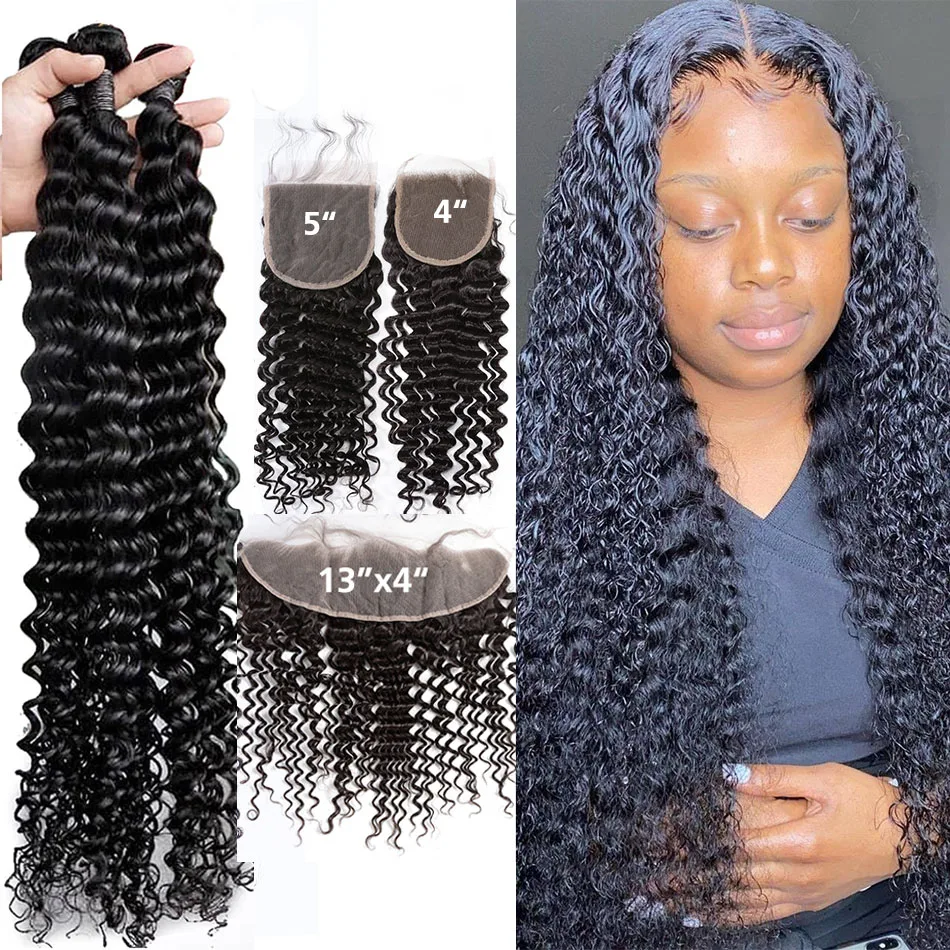 

Meya Deep Wave 3 4 Human Hair Brazilian Bundles With 5x5 HD Transparent Lace Closure 13x6 Frontal Virgin Curly Loose Water And