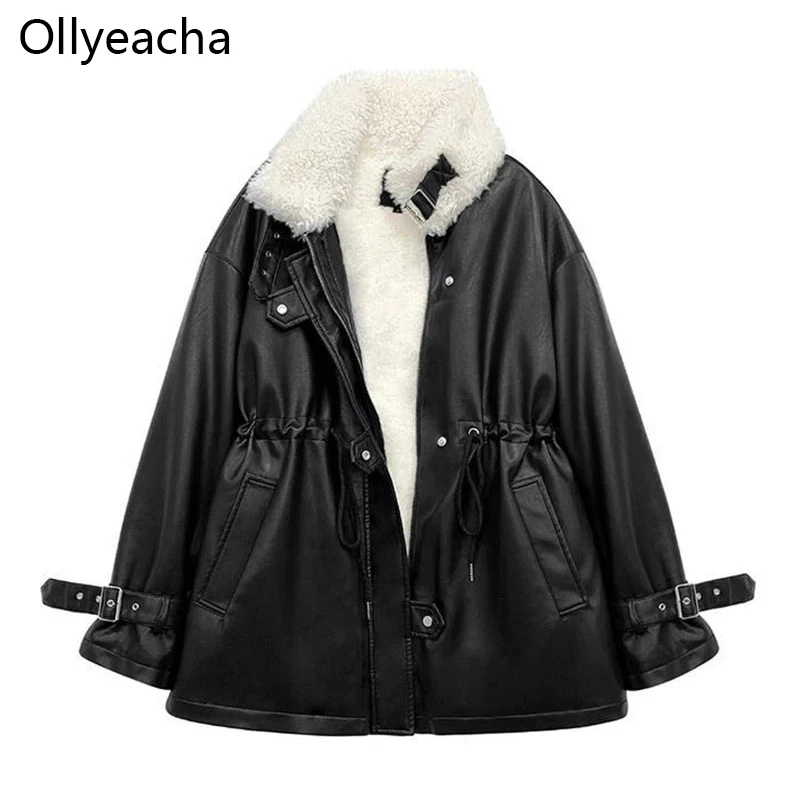 

Ollyeacha PU Faux Leather Jacket Women Lapel Zipper Loose Biker Jackets Imitation lamb wool Leather Coat chaqueta de cuero