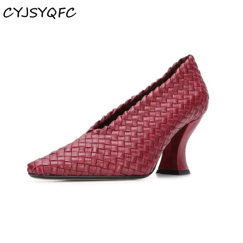 

Runway Handmade Braid Leather Women Shoes Shallow Pointy Toe Slip On Comfort Strange Chunky Heels Lady Pumps Autumn Single Shoes