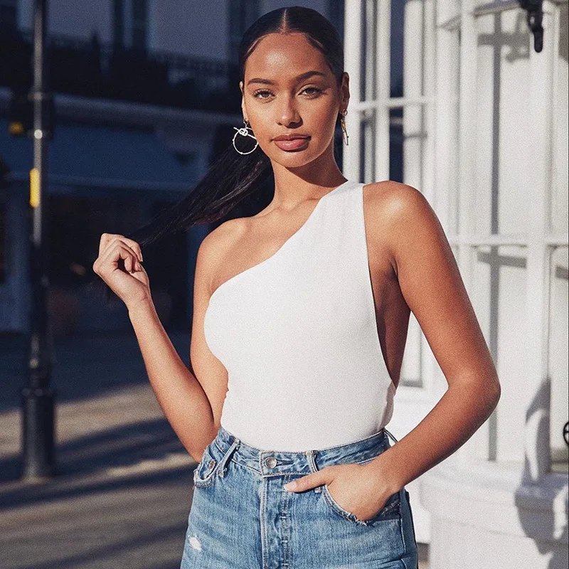 

One Shoulder Sexy Backless Seamless Bodysuits Sleeveless Solid Fashion Party Club Bodysuit Tops Spring Summer