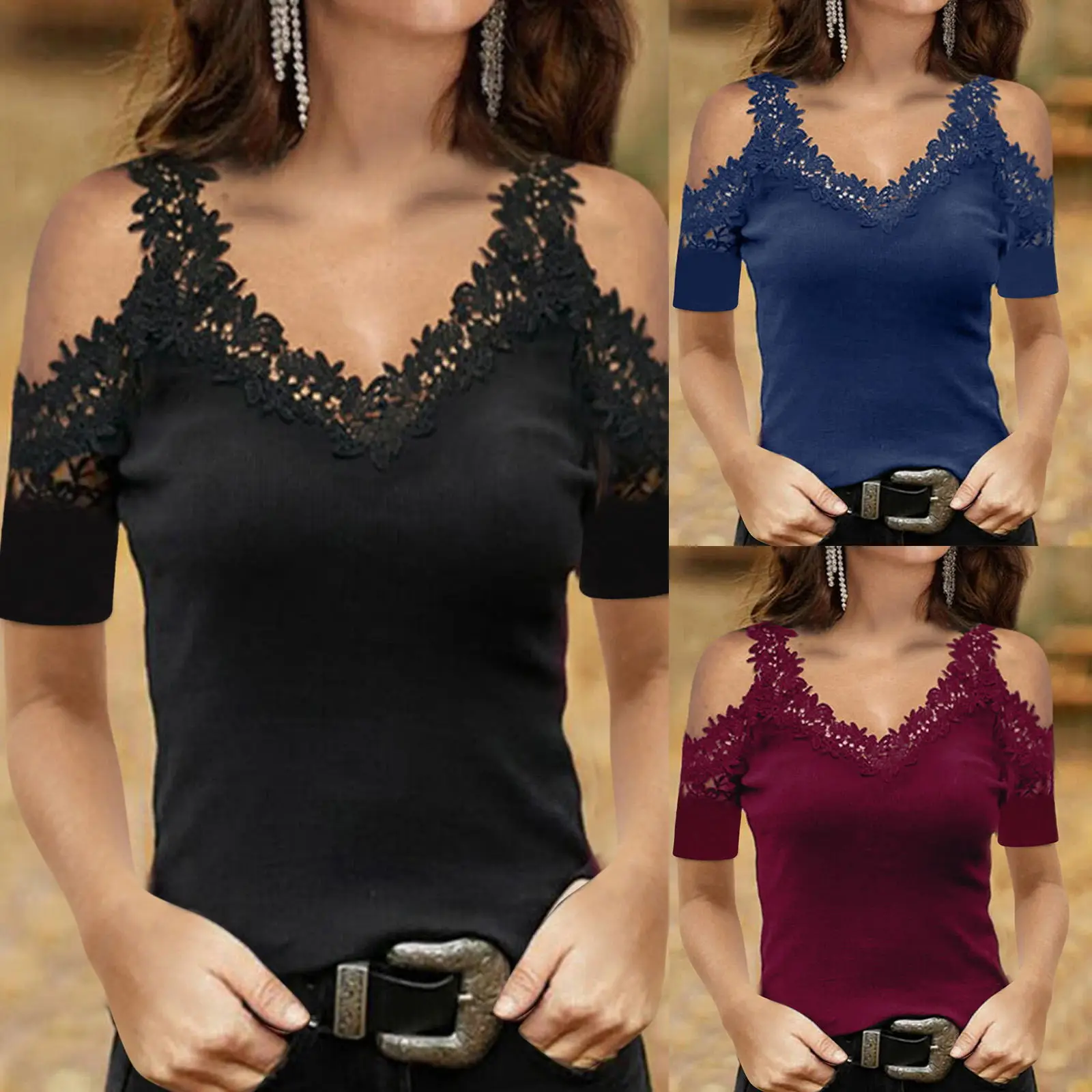 

Tops Women T-Shirt Summer T-Shirts for Woman Hollow Out Bead Lace Decor Short Sleeve Slim Top Femme T Shirt Women Y2K Ropa Mujer