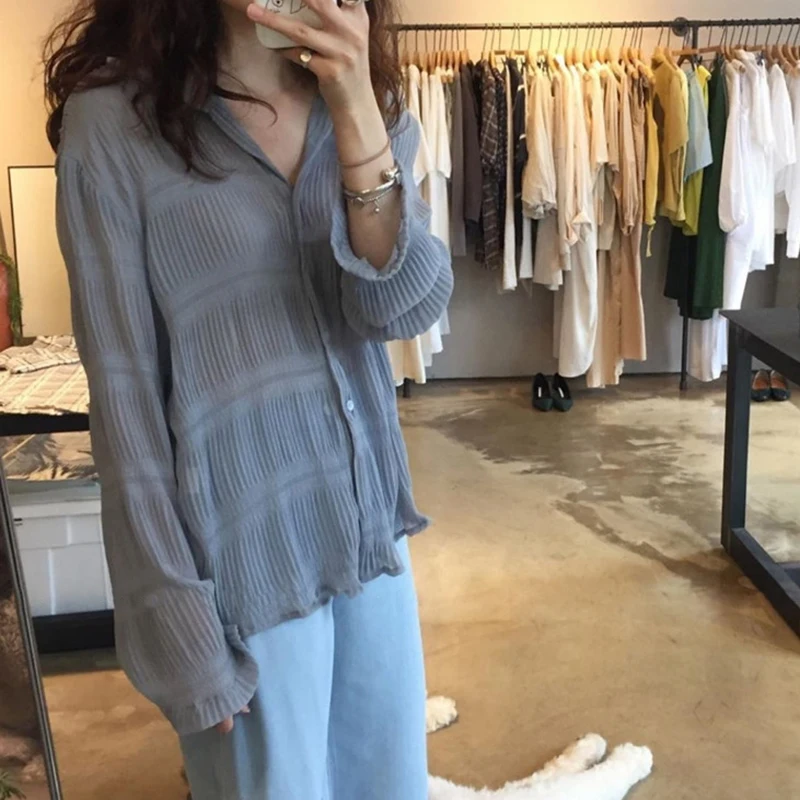 New 2020 Summer Spring Korea Style Hollow Out Turn-down Collar Full Sleeve Single Breasted Women Loose Shirt Z932 |