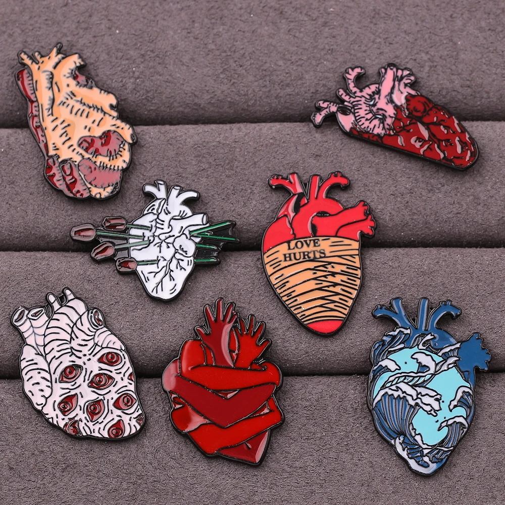 Punk Style Skeleton Love Heart Enamel Pins Self-deprecating Dark Punk Brooches Ocean Wave Whale Human Heart Lapel Pins Badges