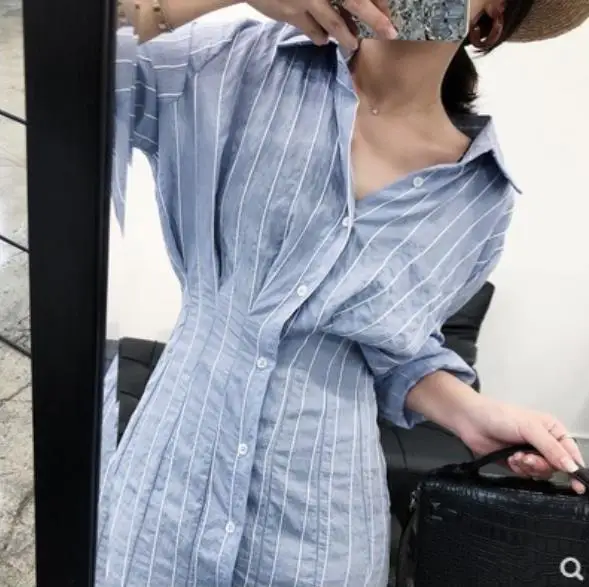 Новинка весны 2019 женское платье-рубашка Харадзюку с высокой талией Полосатое