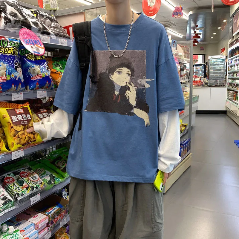 

2021 Patchwork T Shirt Long Sleeve Korean Harajuku Funny T Shirts Fashion Tees Streetwear Japan High Street Kawaii Shirt Male