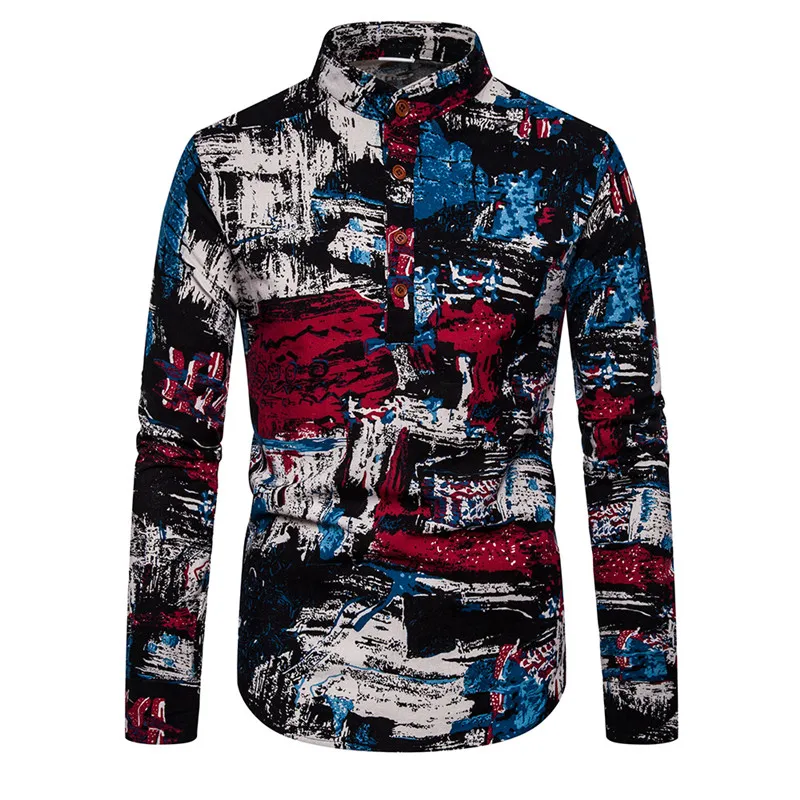 Мужская рубашка с воротником-стойкой и длинными рукавами Новый Повседневный