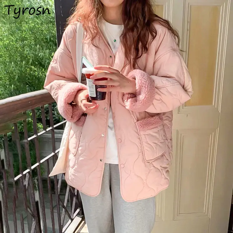 

Lambswool Patchwork Women Short Style Parkas Simple Fashion Streetwear All Match Ulzzang Cotton Coats Leisure Outwear New Retro
