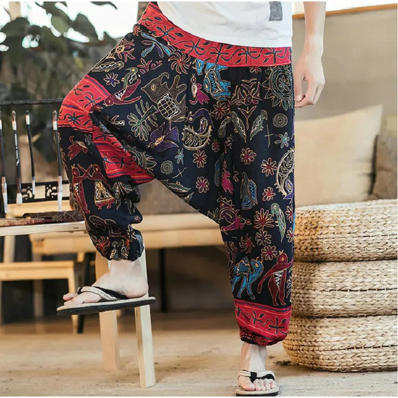 

New Cotton Linen Printing Harem Pants Men Chinese Style Casual Loose Hip Hop Sweatpants Jogger Pants Mens Streetwear Trousers