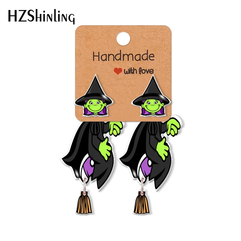 

2021 New Arrival Halloween Witch Pumpkin Cats Pattern Acrylic Clip Earrings Stud Earrings Resin Epoxy Ear Jewelry