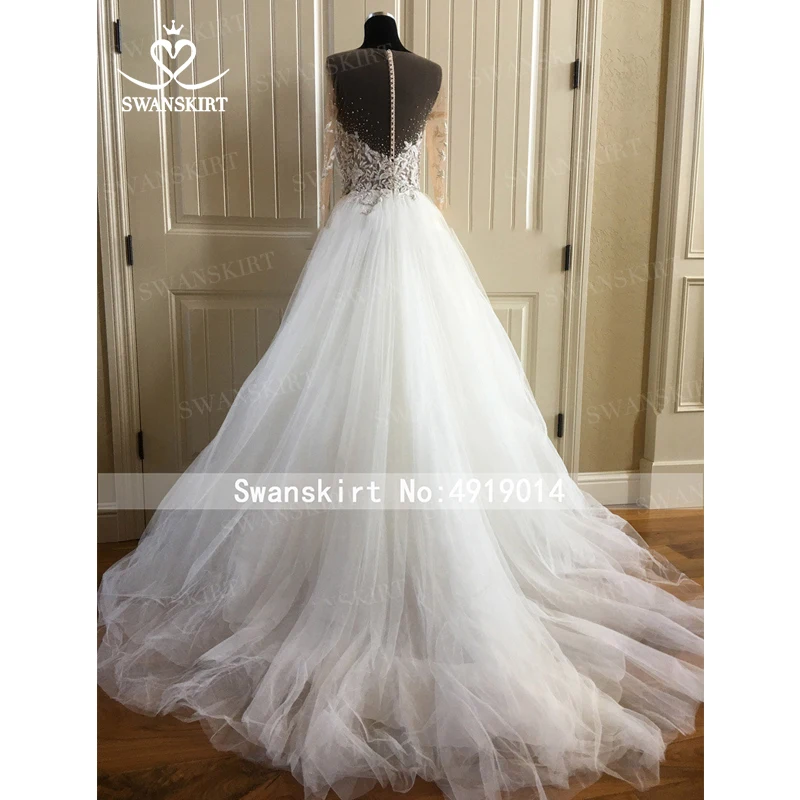 Fairy Tulle Wedding Dress Swanskirt Sweetheart Long Sleeve Illusion A-Line Princess Bride Gown Princess Robe De Mariee I169