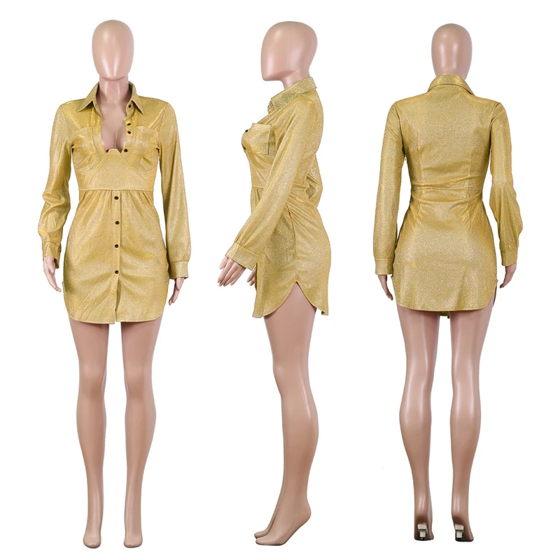 

New 2020 Glitter Solid Color Sexy Deep V Neck Dress Long Sleeve Mini Dress Bodycon Shirt Mini Dress For Evening Party Nightclub