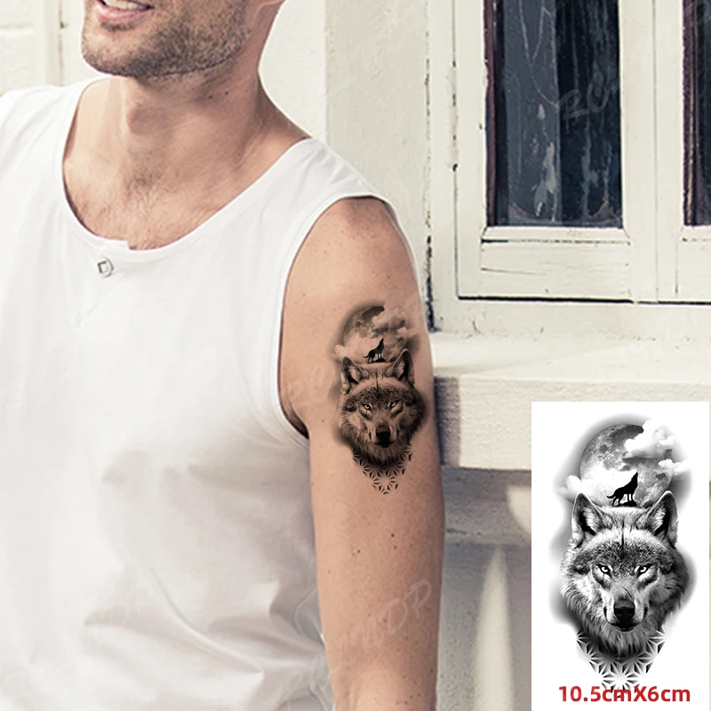

Водостойкая временная татуировка-наклейка Волк Луна Тотем флэш-тату искусственная Татуировка Хан задняя нога боди-арт для женщин и мужчин