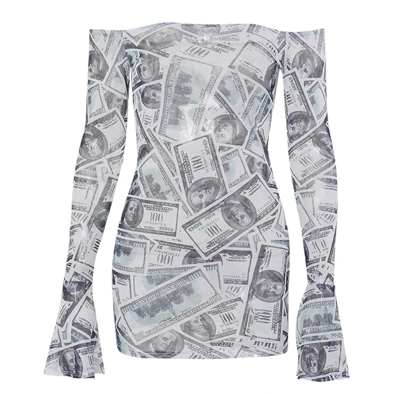 

Money Dollar Printed Skinny Mini Dress For Women Sexy Off Shoulder Flare Long Sleeve Bodycon Night Club Party Dresses Female