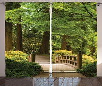 japanese curtains wooden bridge over a pond garden calmness shadow trees serenity nature living room bedroom