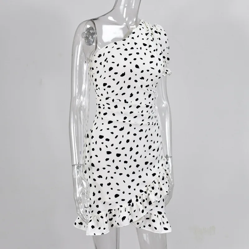 Black White Polka Dot Dress One Shoulder Short Sleeve Ruffles Summer Ladies Ruched Mini Women Vestidos 2020 Dresses | Женская одежда