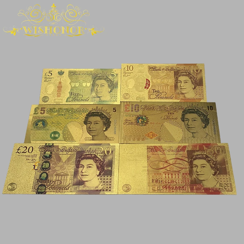 

6 Design Nice Color UK Banknote 5 10 20 50 Pounds Banknote in 24k Gold Plated For Collection