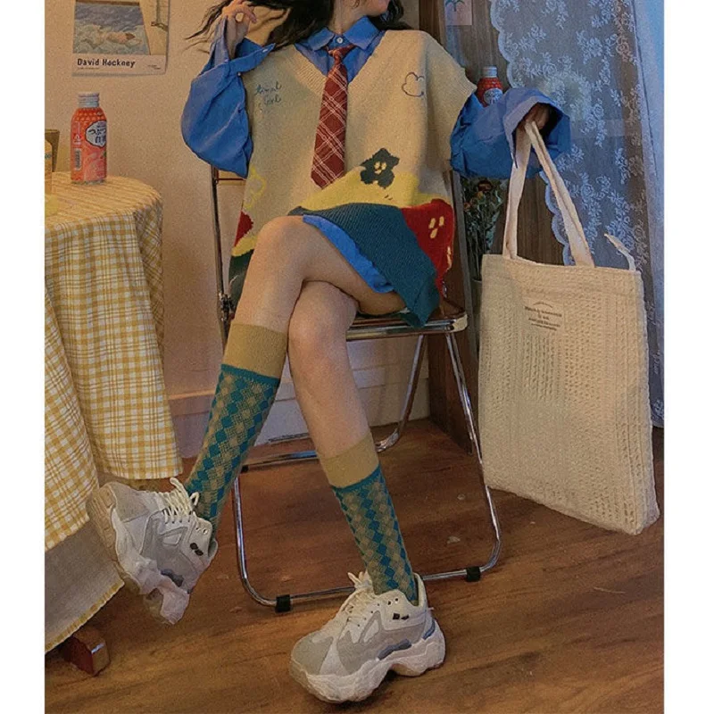 

Deeptown Vintage Style Knitted Sweater Vest Women Oversize Color Contrast Cartoon Pictures Preppy Fashion Basic Tops Fall 2021