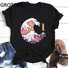 Женская черная футболка в стиле Харадзюку, футболка в японском стиле с принтом волн и Луны, уличные Топы в Корейском стиле, женские футболки