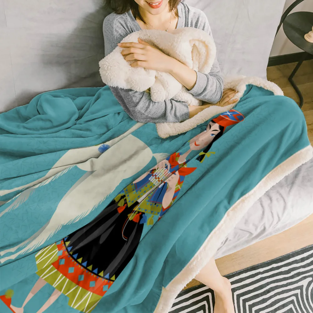 Comic Alpaca Female Traditional Cartoon Velvet Home Sofa Watching Blanket Sherpa Warm Fleece Travel Quilt | Дом и сад