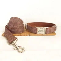 personalized pet collar customized nameplate id tag adjustable linen fiber brown suit cat dog collars lead leash set