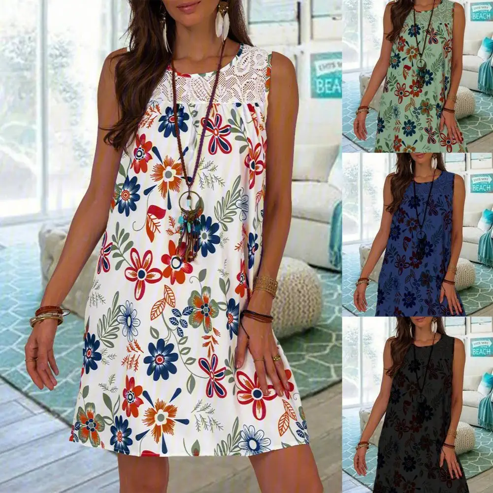 

80% HOT SALES!! Dress Floral Print Patchwork Design Sleeveless Women Fashion Pullovers Dress for Summer