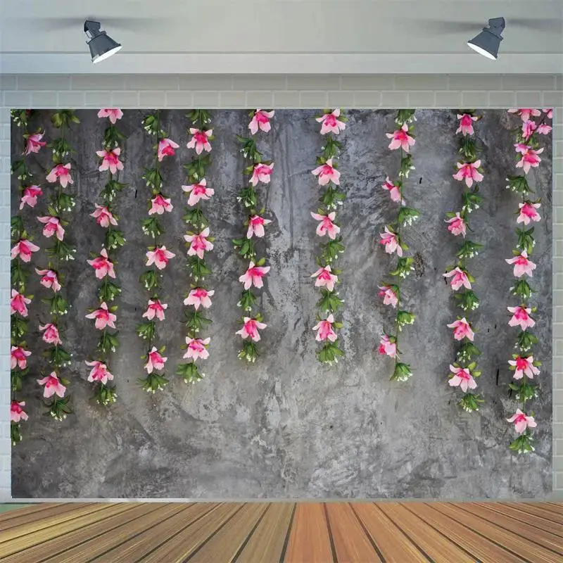 

1st Birthday Photography Backdrops Gray Brick Flowers Wall Newborn Baby Kids Birthday Photo Props Studio Booth Background