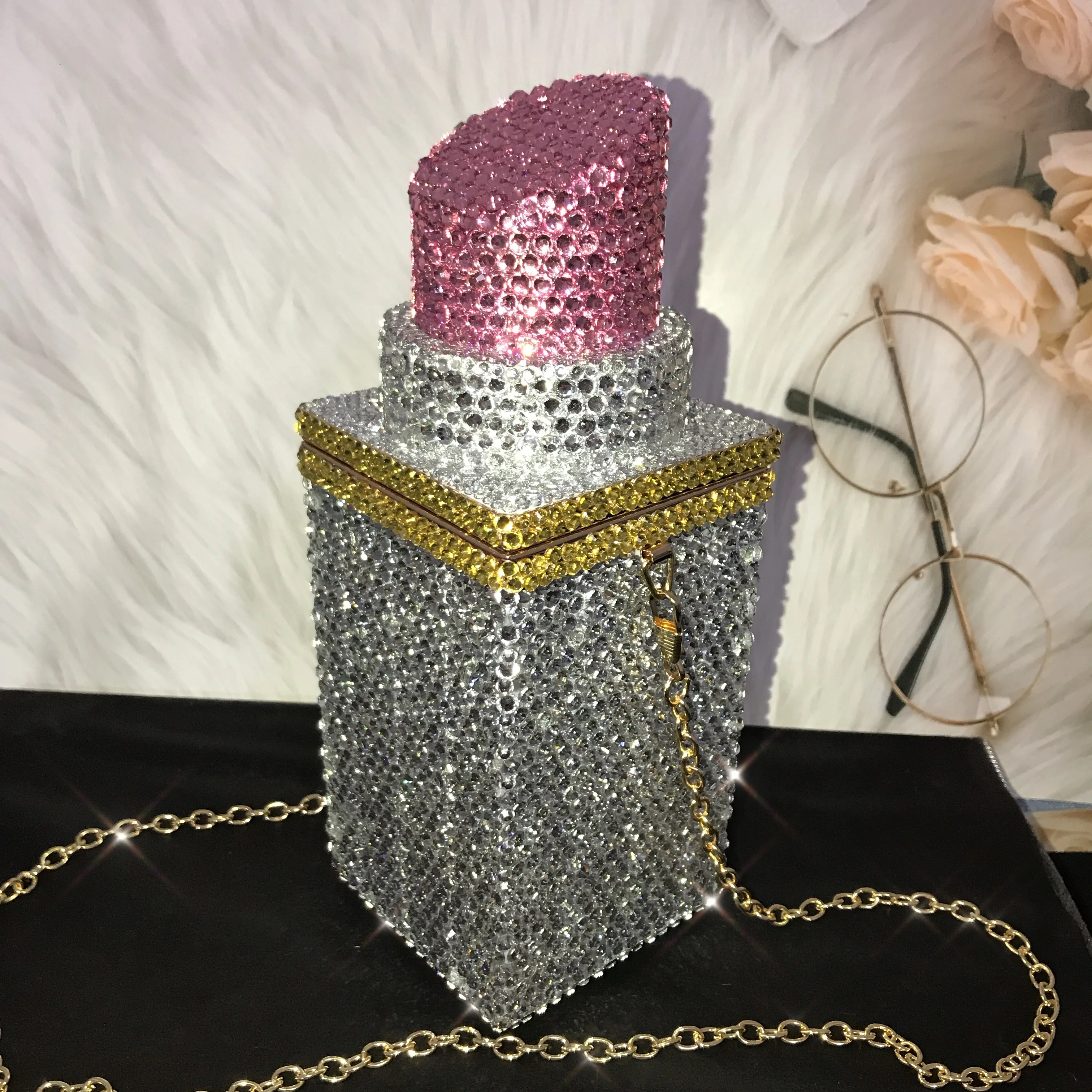 All Rhinestones Lipstick Pink Evening Bags For Party Celebrity Women Handbags Evening Luxury Designer