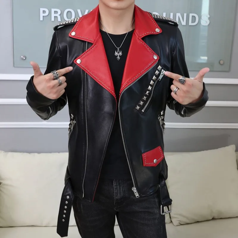 

Brand Lapel Real Spring Leather Jacket Men Luxury Fashion Sheepskin Biker Jacket Outwear Punk Style Rivet Zip Short Coat M-3XL