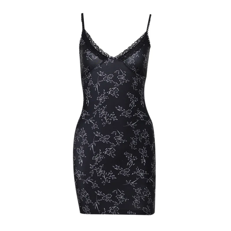 

Black Sexy V-Neck Spaghetti Strap Floral Printed Mini Dress Female High Waist Sleeveless Lace Patchwork Club Dresses