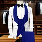 Роскошные белые мужские костюмы 2022, приталенный свадебный смокинг для лучшего мужчины, модный блейзер для вечеринки, ярко-синий жилет и брюки, 3 шт.