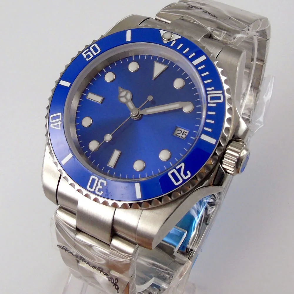 

Синие стерильные часы 40 мм, автоматический керамический циферблат, светящийся сапфировое стекло NH35 Miyota 8215 MOVE MEN T, мужские наручные часы