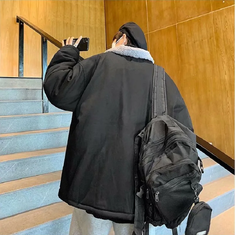 Japanese Retro Tooling Cotton-padded Jacket Men's Multi-pocket Loose Coat Imitation Lamb Fur Collar American Winter Jacket Men