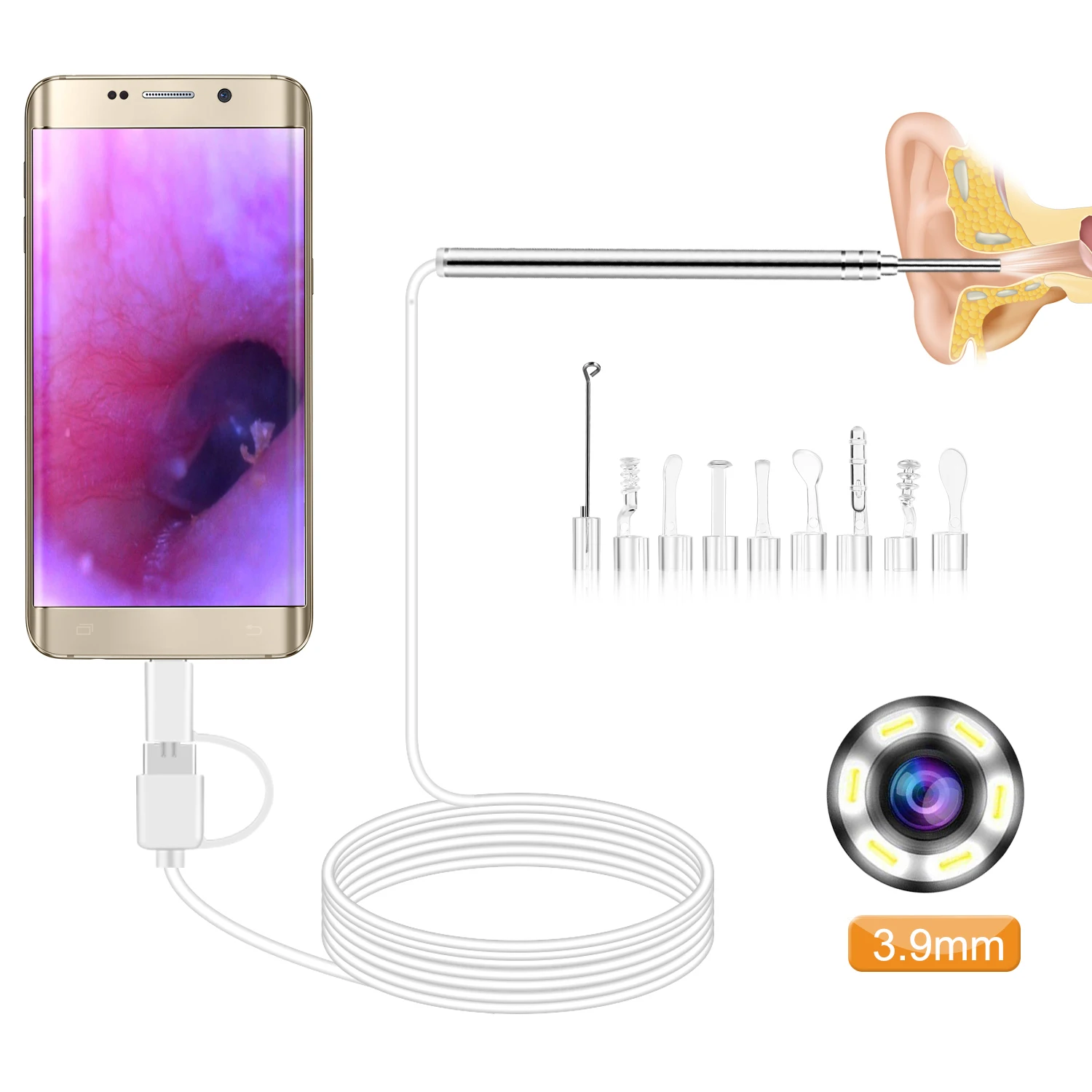 

Mini Endoscope Camera 3.9MM 6 LEDs Three-in-one Interface USB Inspection Ear Nose Visual Health Care with Ear Pick Set